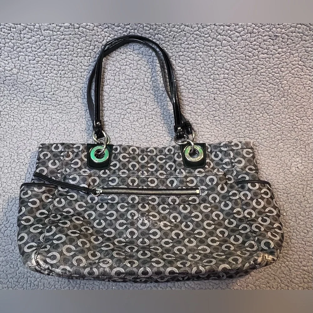 Authentic Coach Waverly Op Art Leather Diaper Bag Gray And Black XL Bag